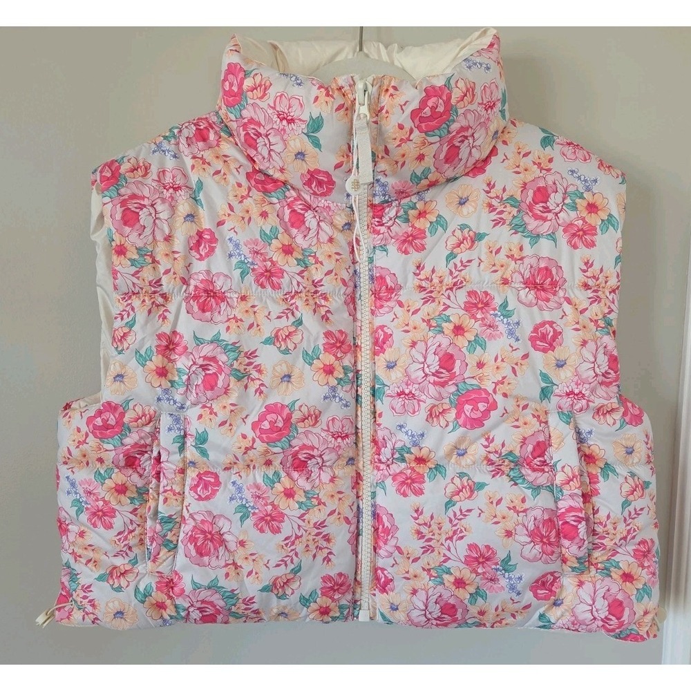Simply Southern Puffer Vest Pink Floral Preppy Crop Womens Size Large - Picture 2 of 11